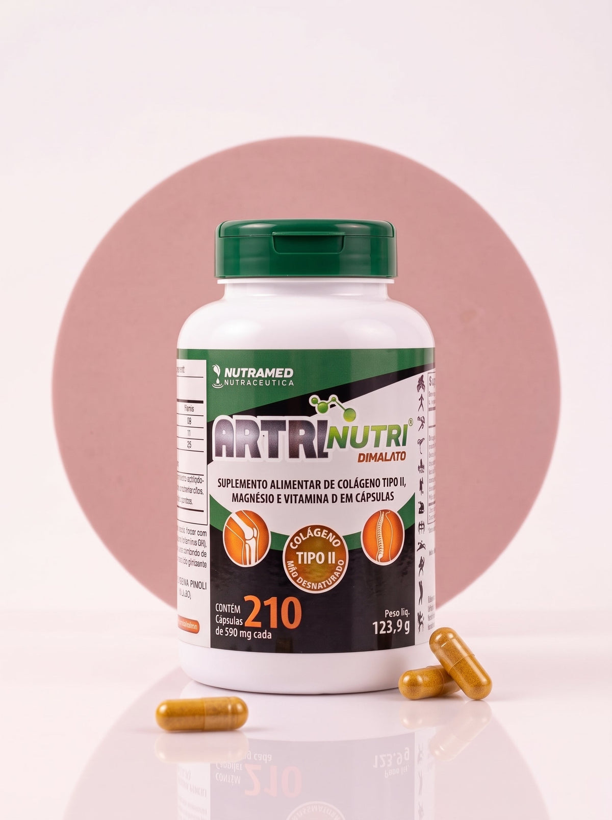 Frasco de colágeno tipo II con magnesio y vitamina D3 y cápsulas
