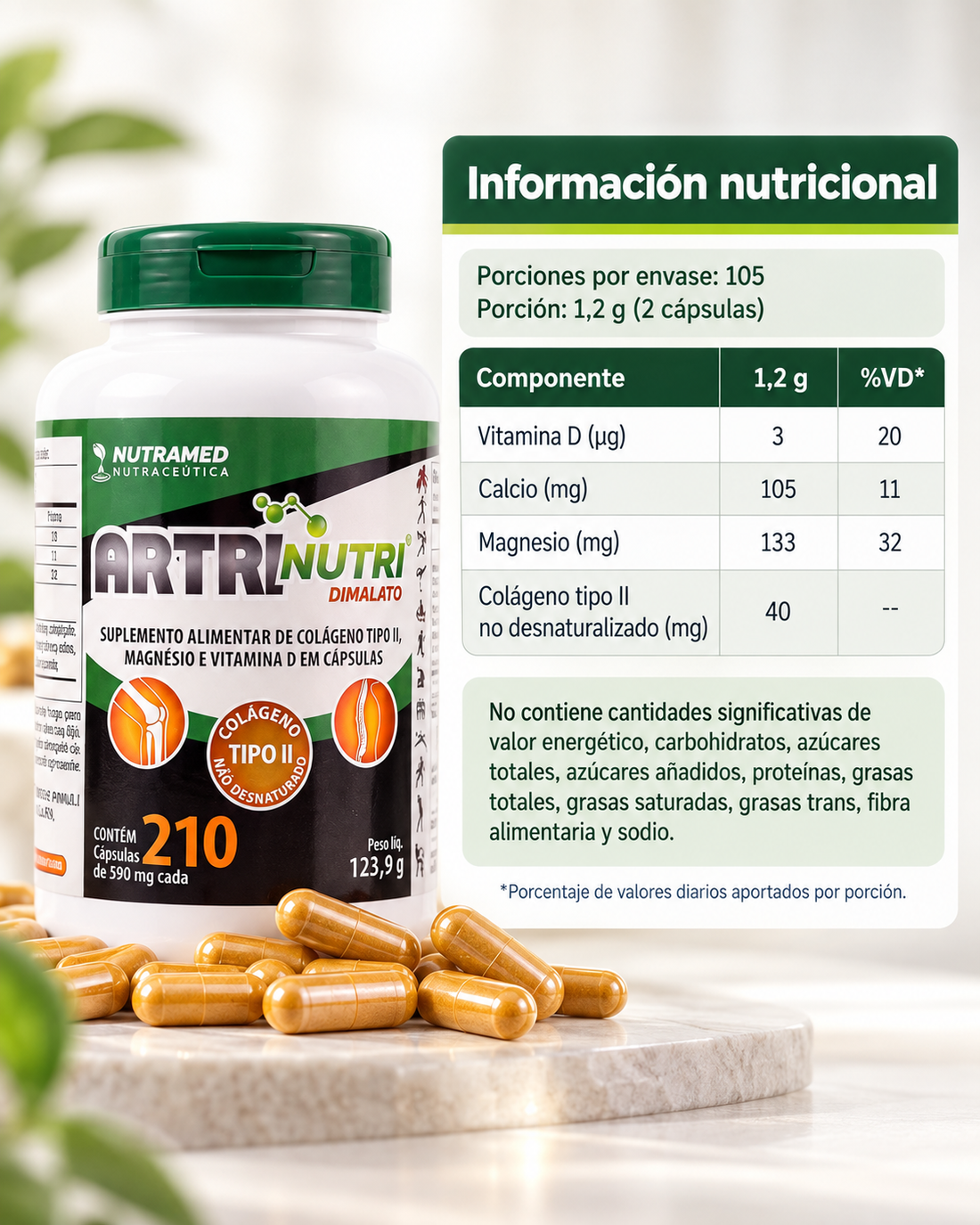 Información nutricional de ArtriNutri: colágeno tipo II no desnaturalizado 40 mg, magnesio 133 mg, vitamina D y calcio por porción