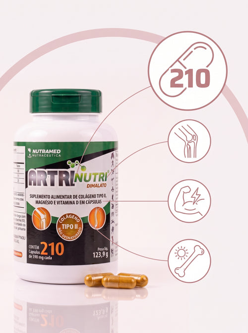 Infografía: 210 cápsulas, colágeno tipo II para la articulación, magnesio para el músculo y vitamina D3 para el hueso