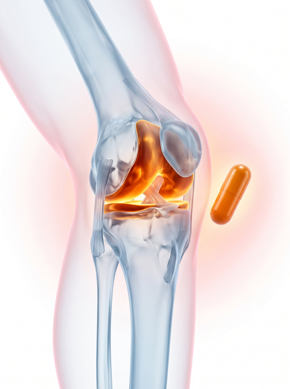 Ilustración de la rodilla con el cartílago destacado y la cápsula de colágeno tipo II