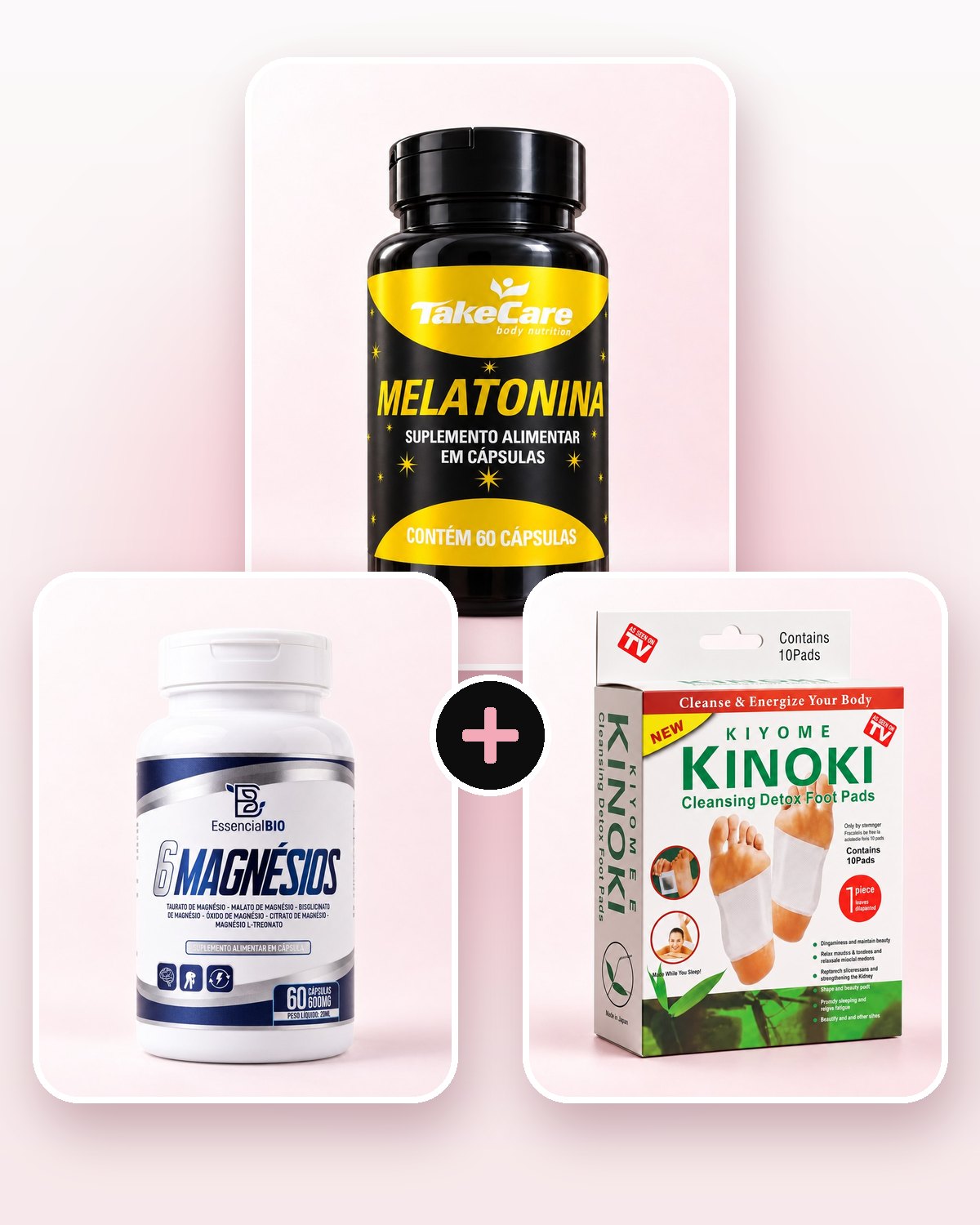 Combo Noche Total: Melatonina TakeCare, Magnesio 6 Formas y Parches Kinoki x10