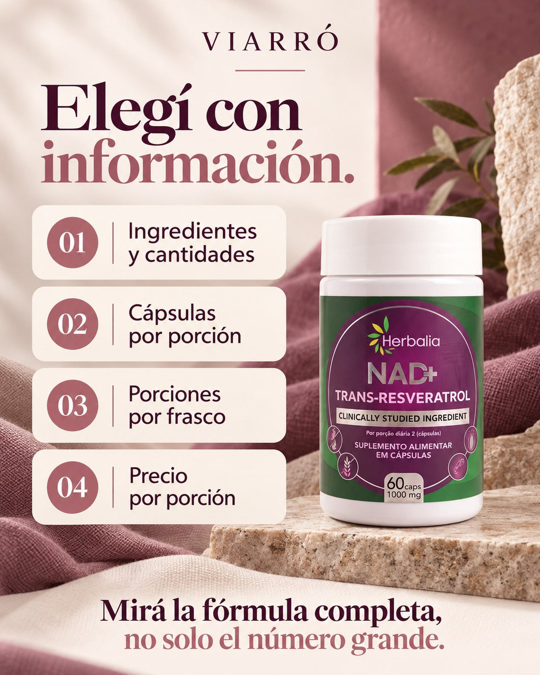 Elegí con información: ingredientes y cantidades, cápsulas por porción, porciones por frasco y precio por porción