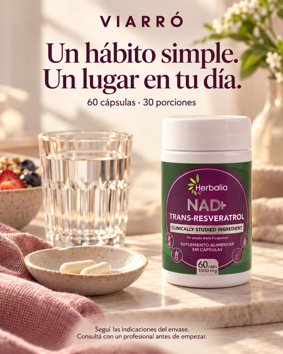 NAD+ 1000 en un desayuno luminoso: un hábito simple, 60 cápsulas y 30 porciones