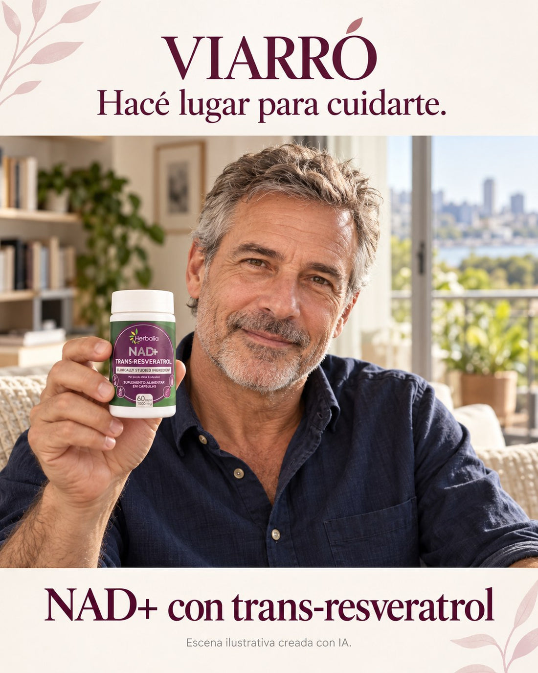 Hombre sosteniendo el frasco de NAD+ con trans-resveratrol: hacé lugar para cuidarte