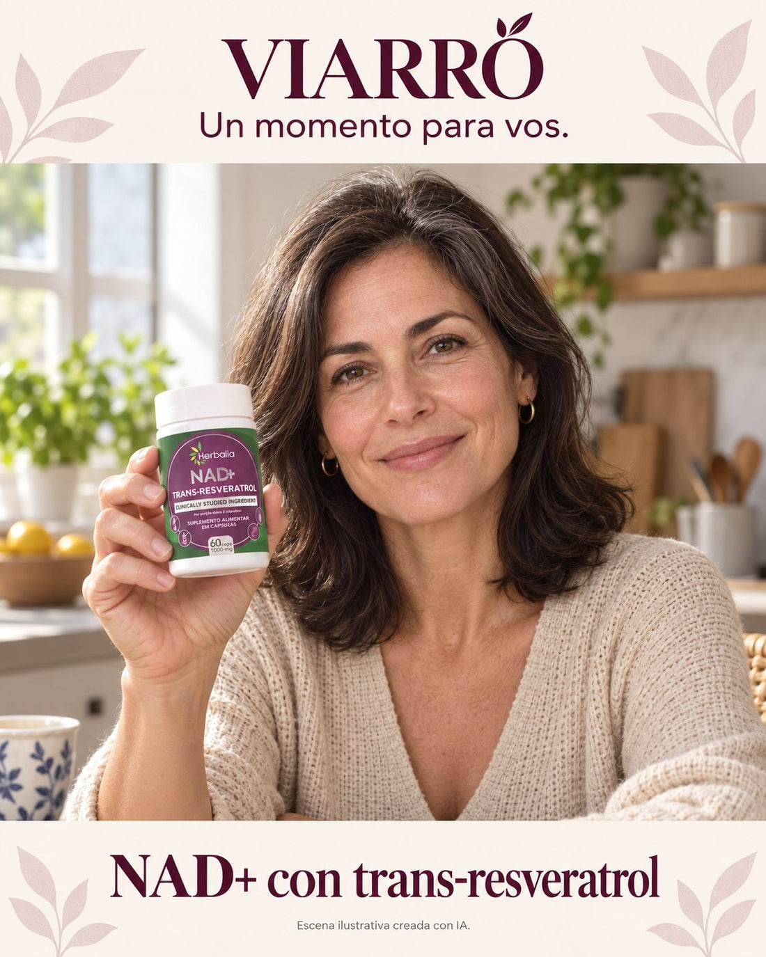 Mujer sonriendo con el frasco de NAD+ con trans-resveratrol en su cocina