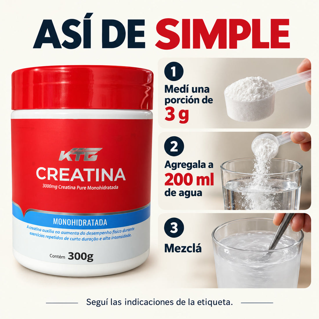 Cómo se prepara la creatina: 3 g, 200 ml de agua, mezclá
